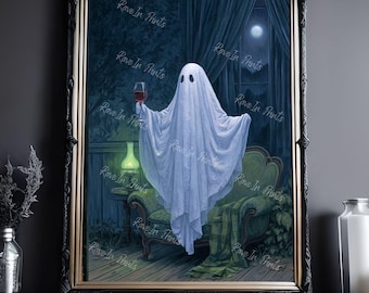 Ghost Drinking Red Wine, Funny Ghost Painting Print, Wine Lover Gift, Halloween Decor, Haunting Ghost Painting, Gothic Home Decor