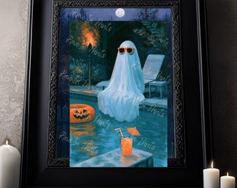 Summerween Ghost Painting, Ghost By The Pool Halloween Decor, Haunting Ghost Painting, Gothic Home Decor