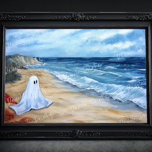 May include: A watercolor painting of a ghost on a beach. The ghost is white and has two black eyes. The beach is sandy and the ocean is blue. The sky is cloudy and gray.