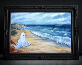 Ghost At Beach, Summerween, Vintage Poster, Art Poster Print, Dark Academia, Haunting Ghost, Halloween Decor