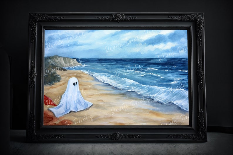 May include: A watercolor painting of a ghost on a beach. The ghost is white and has two black eyes. The beach is sandy and the ocean is blue. The sky is cloudy and gray.