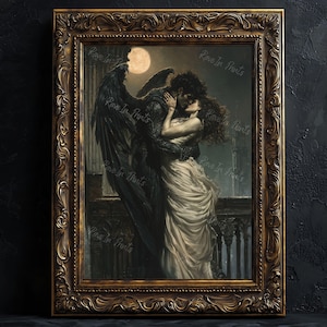 May include: A framed painting of a couple embracing under a full moon. The man is dressed in black and has wings, while the woman wears a flowing white gown. The painting is set against a dark, moody background.