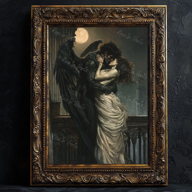 May include: A framed painting of a couple embracing under a full moon. The man is dressed in black and has wings, while the woman wears a flowing white gown. The painting is set against a dark, moody background.