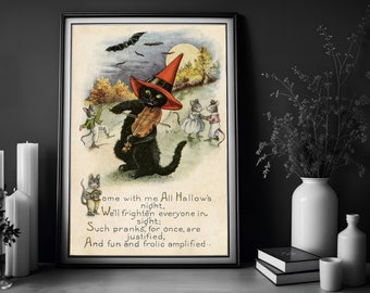 May include: A vintage Halloween illustration featuring a black cat wearing a witch's hat and playing a violin.  The cat is surrounded by mice dressed in costumes. The text reads: "Come with me All Hallow's night, We'll frighten everyone in sight; Such pranks, for once, are justified, And fun and frolic amplified..."
