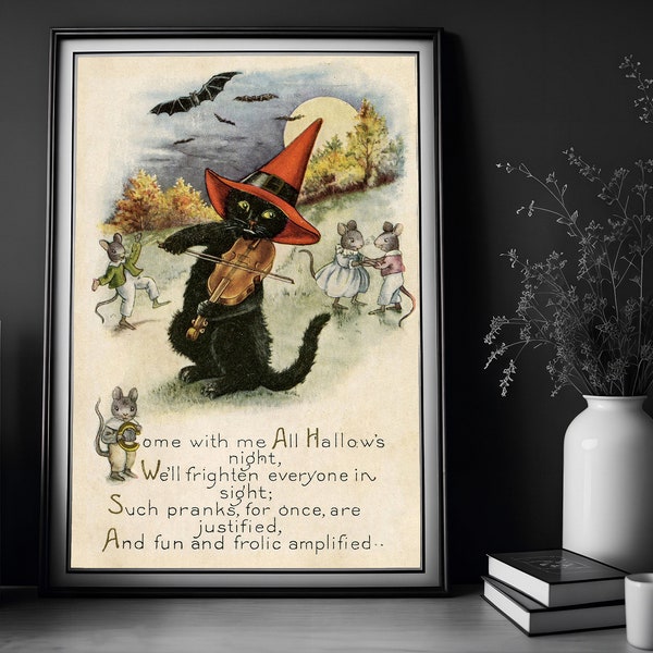 Vintage Halloween Card, Black Cat Print, Halloween Poem, Halloween Decor, Art Poster Print