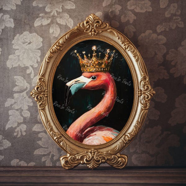 Pink Flamingo Print, Dark Academia Print, Dark Moody Prints, Bird Lover Gift, Vintage Bird as King with Crown Wall Art