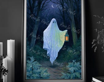 Ghost Holding A Lantern In The Forest, Ghost Painting Print, Dark Art Decor, Spooky Forest, Dark Academia, Haunting Ghost, Halloween Decor