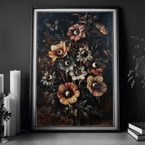 Image is of a gothic ornate frame surrounded by candles. In the frame is a surreal painting of a bouquet of flowers with eye balls. The painting is dark and moody. For gothic home decor and Halloween wall art
