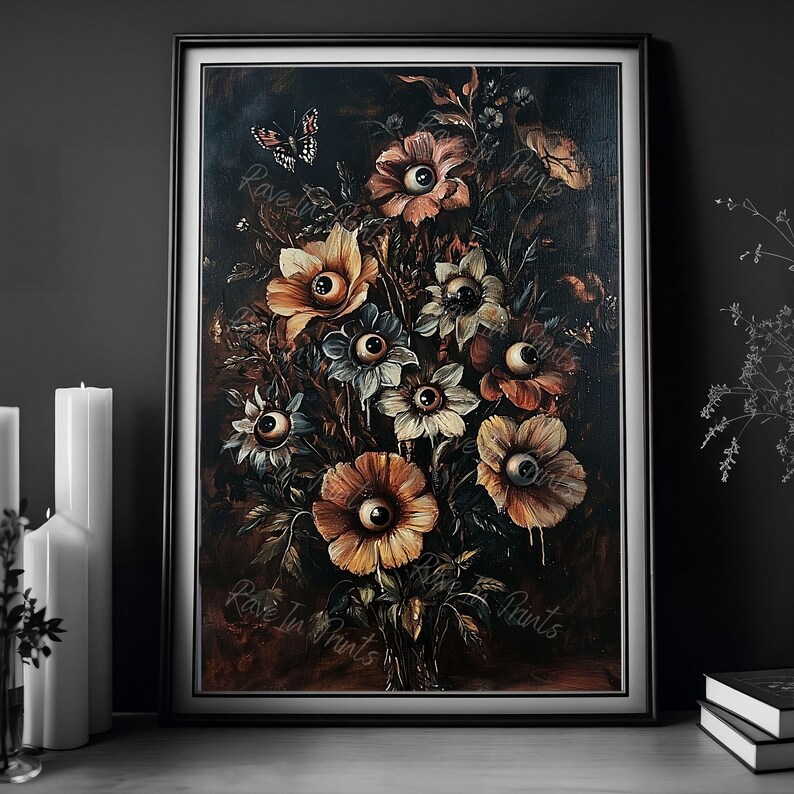 Image is of a gothic ornate frame surrounded by candles. In the frame is a surreal painting of a bouquet of flowers with eye balls. The painting is dark and moody. For gothic home decor and Halloween wall art