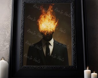 Man on Fire, Surreal Painting Print, Portrait Print, Dark Academia Decor, Edgy Painting, Gothic Home Decor, Eclectic Home Decor, Dark Art