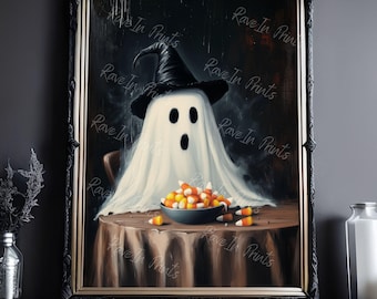 Ghost Eating Candy Corn, Halloween Decor, Spooky Art Poster Print, Dark Academia, Haunting Ghost, Halloween Candy