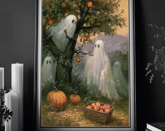 Ghosts Picking Apples, Halloween Print Decor, Fall Home Decor, Haunting Ghost Painting, Apple Orchard
