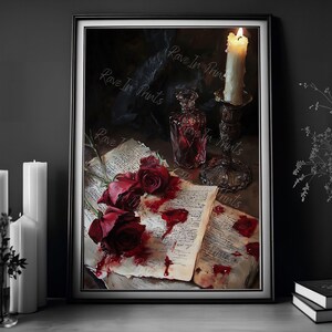 May include: A still life painting of a lit candle, a glass bottle, and three red roses on an open book with bloodstains. The book is old and has yellowed pages.