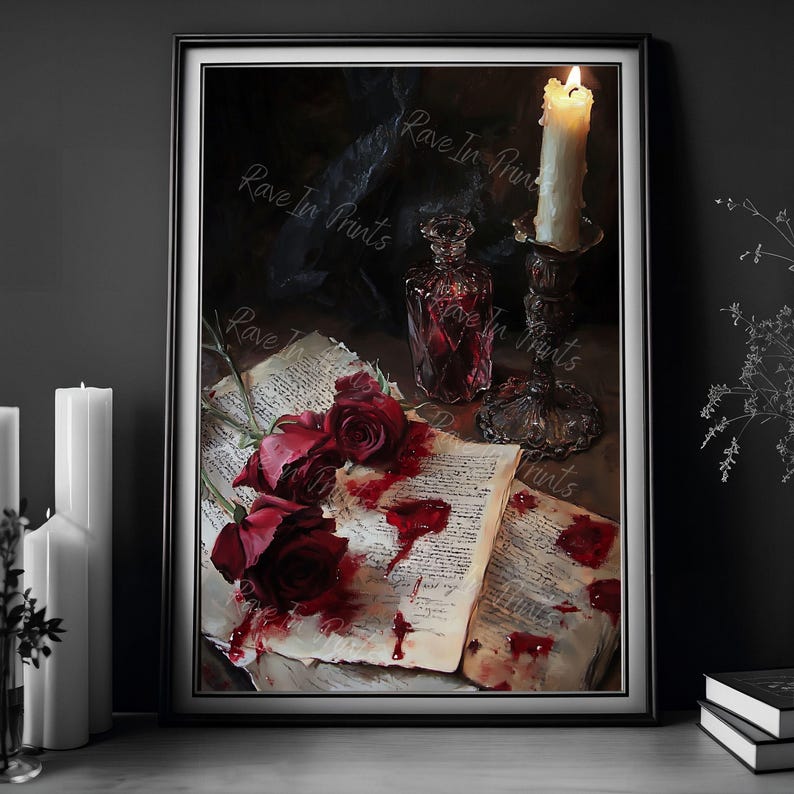 May include: A still life painting of a lit candle, a glass bottle, and three red roses on an open book with bloodstains. The book is old and has yellowed pages.