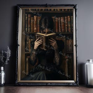 Victorian Woman Reading Bookish Wall Art Print , Dark Academia Decor, Librariancore Wall Art, Moody Reading Nook Painting, Book Lover Gift