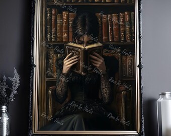 Victorian Woman Reading Bookish Wall Art Print , Dark Academia Decor, Librariancore Wall Art, Moody Reading Nook Painting, Book Lover Gift