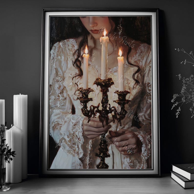 May include: A woman in a white lace dress holds a candelabra with three lit candles. The candles are dripping wax and the candelabra is ornate with a dark brown finish.