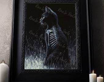May include: Black and white illustration of a cat with a visible skeleton, set against a dark background. The cat is sitting in a field of tall grass. The image is framed in a black frame.