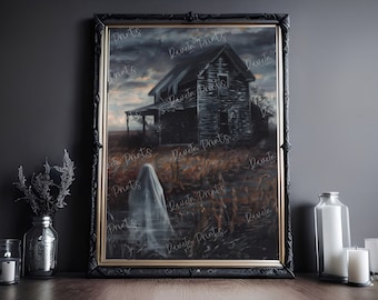 Ghost At His Abandoned Farm House, Halloween Wall Decor, Gothic Dark Academia Print, Ghost Painting Print, Edgy Art