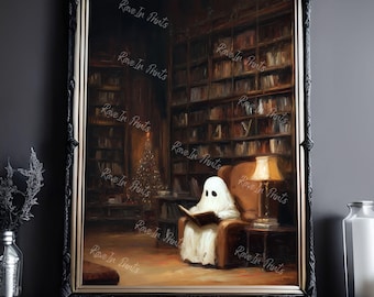 Ghost Reading By The Christmas Tree, Christmas Ghost Print, Dark Academia, Haunting Ghost, Christmas Print, Creepmas Decor