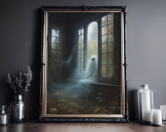 Ghost In The Window, Vintage Poster, Art Poster Print, Dark Academia, Haunting Ghost, Halloween Decor