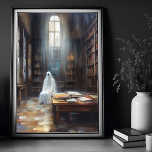 Fantasma en la biblioteca, regalo para amantes de la lectura, póster vintage, impresión de póster artístico, academia oscura, fantasma inquietante, decoración de Halloween