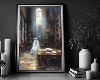 Ghost In The Library, Reading Lover Gift, Vintage Poster, Art Poster Print, Dark Academia, Haunting Ghost, Halloween Decor