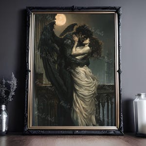 May include: A painting of a couple embracing in a romantic setting. The man is a winged angel with dark feathers, and the woman is wearing a flowing white dress. The background is a dark, mysterious cityscape with a full moon in the sky.