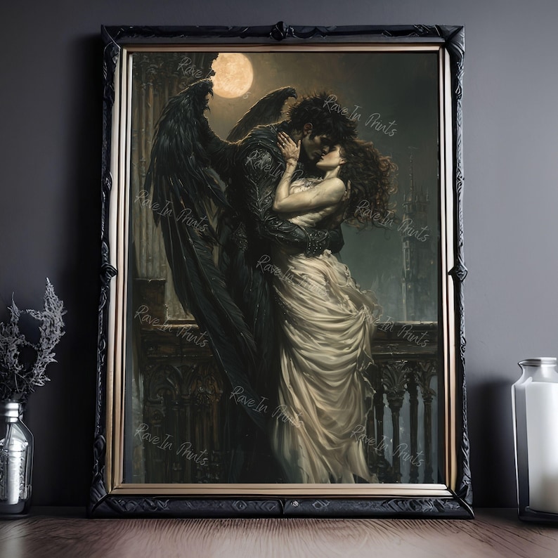 May include: A painting of a couple embracing in a romantic setting. The man is a winged angel with dark feathers, and the woman is wearing a flowing white dress. The background is a dark, mysterious cityscape with a full moon in the sky.