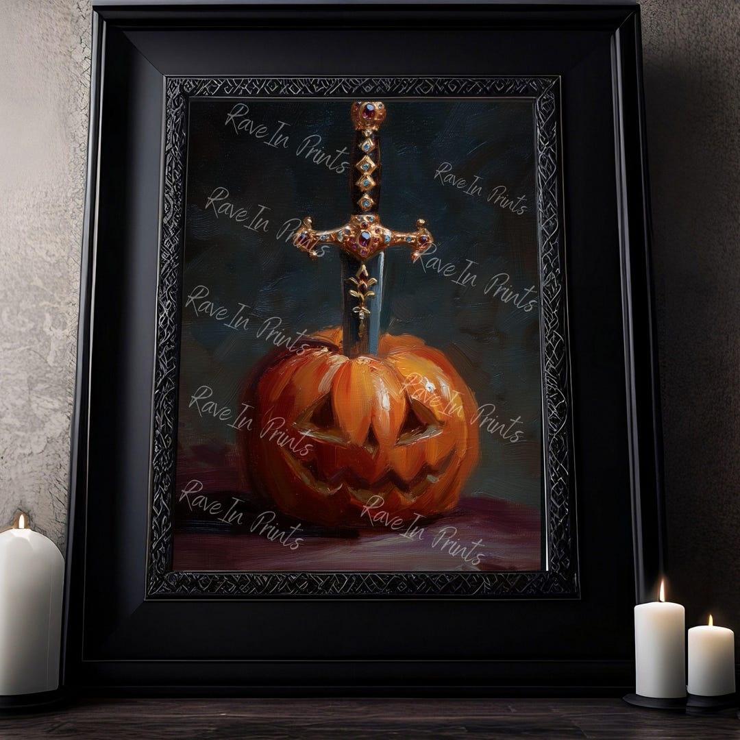 Jack O Lantern With Dagger Print, Halloween Decor Print, Spooky Vintage ...
