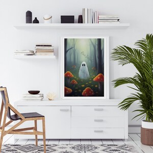 May include: A white ghost with a black outline stands in a forest with red and yellow mushrooms. The text "Rare Inhabitant" is written above the ghost.