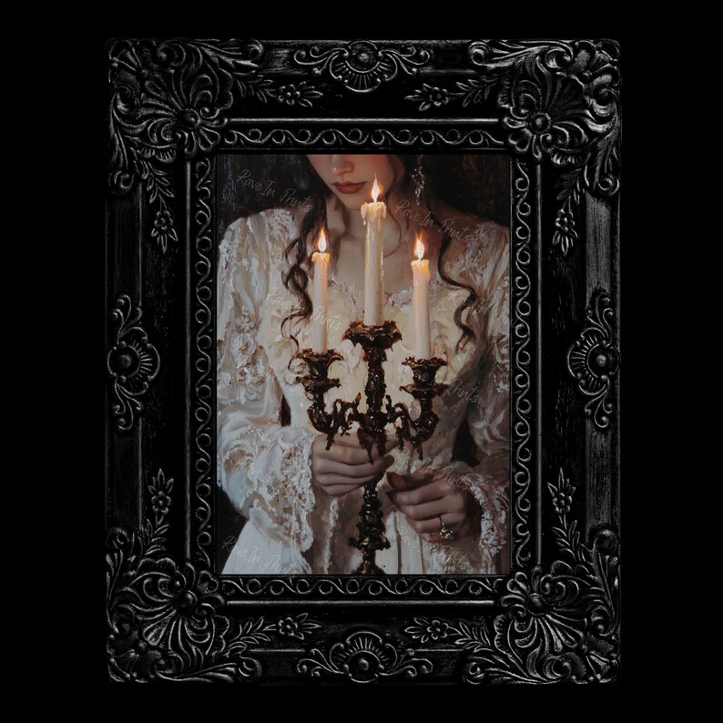 May include: A woman in a white lace dress holds a candelabra with four lit candles. The candelabra is ornate and has a dark metal finish. The woman's face is partially obscured by her hair, but her eyes are visible and she appears to be looking down at the candles.