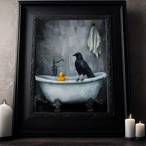 May include: A black crow perched on the edge of a white porcelain bathtub. A yellow rubber ducky floats in the water. The bathroom is decorated in a dark and moody style with gray tiled walls and a white towel hanging on a hook.