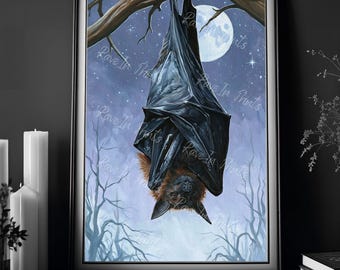Bat Hanging From A Tree In The Night, Gothic Wall Art Decor, Dark Aesthetic Painting, Eclectic Edgy Art, Goth Home Decor