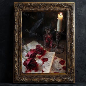 May include: A framed painting of a still life with a lit candle, a glass bottle, and red roses on an open book. The roses are dripping blood onto the pages of the book.