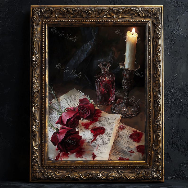 May include: A framed painting of a still life with a lit candle, a glass bottle, and red roses on an open book. The roses are dripping blood onto the pages of the book.