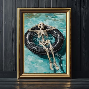 May include: A painting of a skeleton floating in a pool on an inflatable ring. The skeleton is wearing a relaxed pose with its arms outstretched and legs crossed. The pool is a vibrant turquoise color and the ring is black.