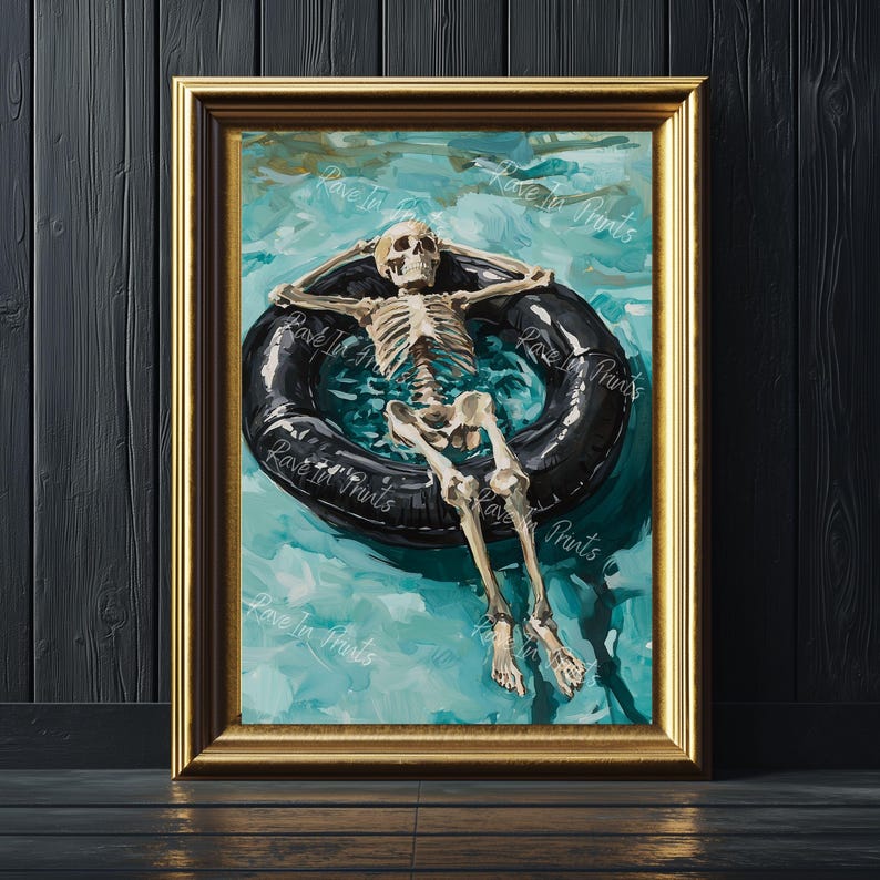 May include: A painting of a skeleton floating in a pool on an inflatable ring. The skeleton is wearing a relaxed pose with its arms outstretched and legs crossed. The pool is a vibrant turquoise color and the ring is black.