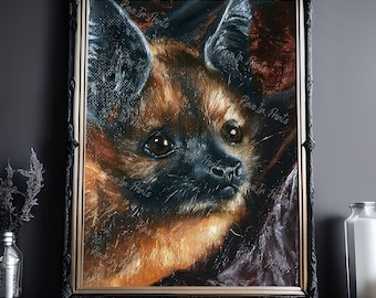 Close Up View Of A Bat, Gothic Wall Art Decor, Dark Aesthetic Painting, Eclectic Edgy Art, Goth Home Decor
