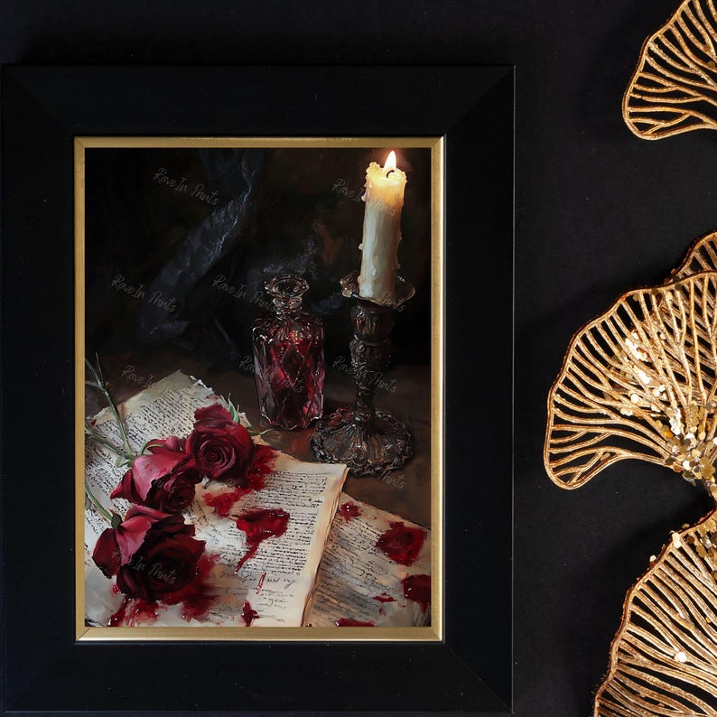 May include: A still life painting of a lit candle, a glass bottle with a red liquid, and red roses on a page of a book with blood splatters.