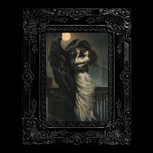May include: A framed painting depicting a romantic scene of a winged figure embracing a woman under a full moon. The painting is set against a dark, moody background with a hint of a balcony or cityscape in the distance.