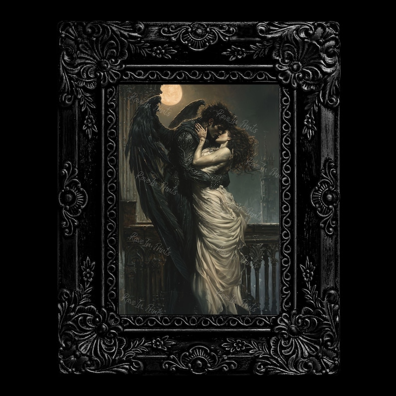 May include: A framed painting depicting a romantic scene of a winged figure embracing a woman under a full moon. The painting is set against a dark, moody background with a hint of a balcony or cityscape in the distance.