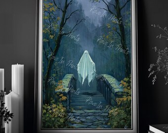 Ghost On The Bridge, Halloween Print Decor, Fall Home Decor, Haunting Ghost Painting, Gothic Home Decor
