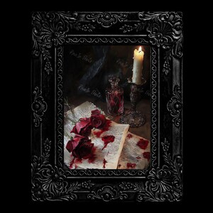 May include: A framed painting of a still life with a lit candle, a glass bottle, and red roses on a book with blood-like stains. The text "Rose In Thots" is visible on the book.