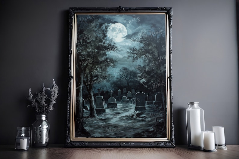 image is of a painting of a cemetery under moonlight on a gothic frame