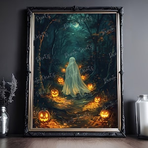 Fantasma por el camino de la calabaza Decoración de Halloween, Impresión de Halloween, Impresión de póster de arte oscuro, Academia oscura, Fantasma inquietante