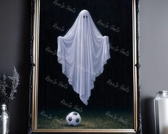 Ghost Playing Soccer, Cute and Funny Ghost Painting, Halloween Decor, Haunting Ghost Painting, Gothic Home Decor