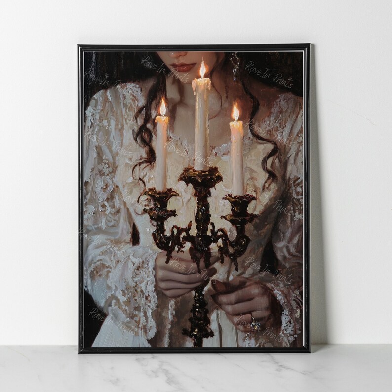 May include: A woman in a white lace dress holds a candelabra with three lit candles. The candles are tall and thin, with a warm yellow glow. The woman's face is partially obscured by the candles, but her eyes are visible and she appears to be looking down at the candles.