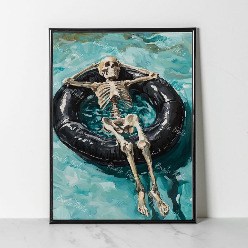 May include: A skeleton wearing a black inner tube floats in a turquoise pool. The skeleton is laying on its back with its arms outstretched and its legs crossed. The inner tube is black with a white rim.