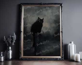 May include: A black and white vintage style illustration of a black cat sitting on a fence post in a foggy landscape. The image is framed in a black frame with a gold trim.